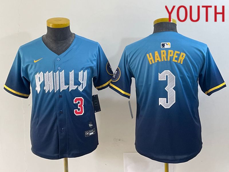 Youth Philadelphia Phillies 3 Bryce Harper Nike Blue 2024 City Connect Limited Player Jersey style 4